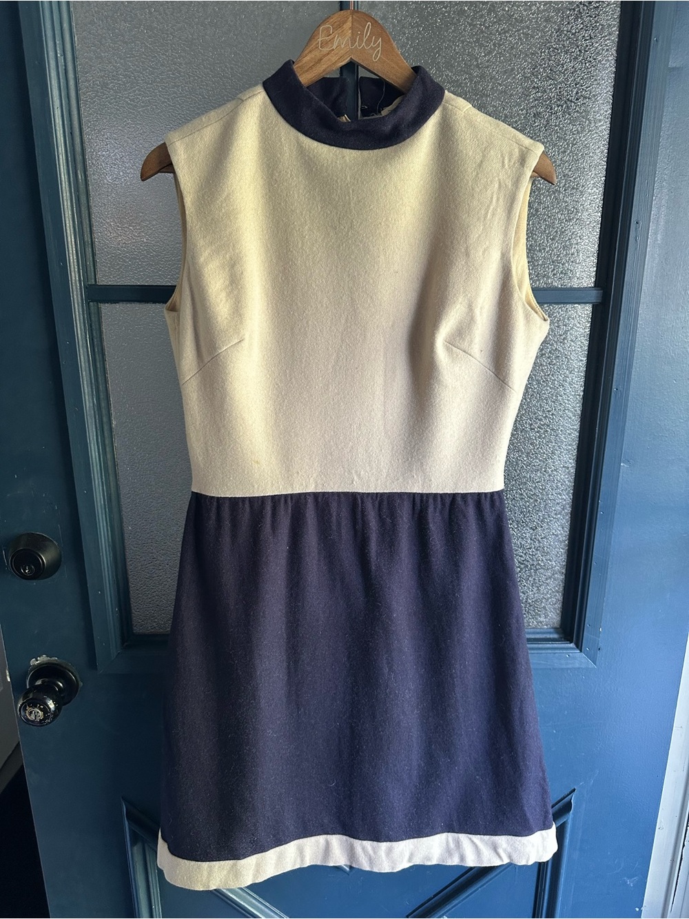 Vintage Sleeveless Cream and Navy Contrast Dress